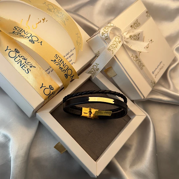 دستبند چرم مردانه طلا براق گیس بافت مشکی